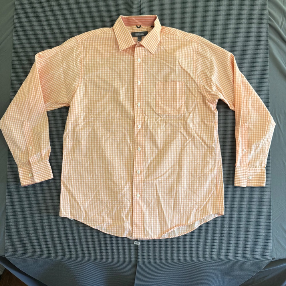 Kenneth Cole Reaction Mens Orange Gingham Non-Iron Dress Shirt Large 16-16.5
